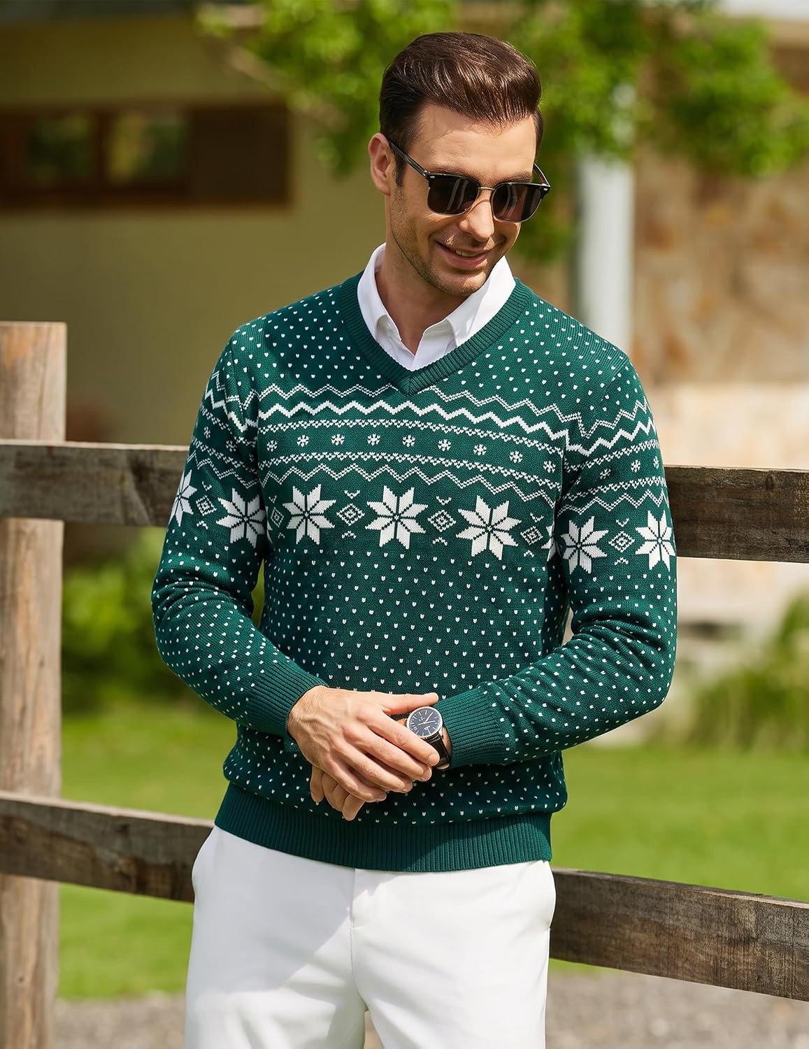 image:imageCOOFANDY Mens Casual V Neck Sweater Knit Slim Fit Long Sleeve Pullover TopGreenwhite