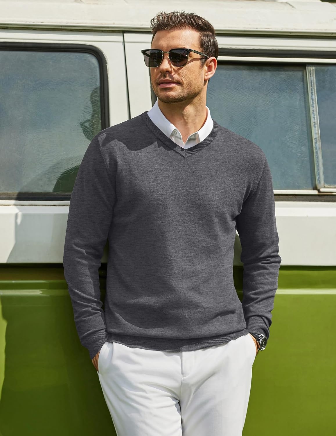 image:imageCOOFANDY Mens Casual V Neck Sweater Knit Slim Fit Long Sleeve Pullover TopGrey