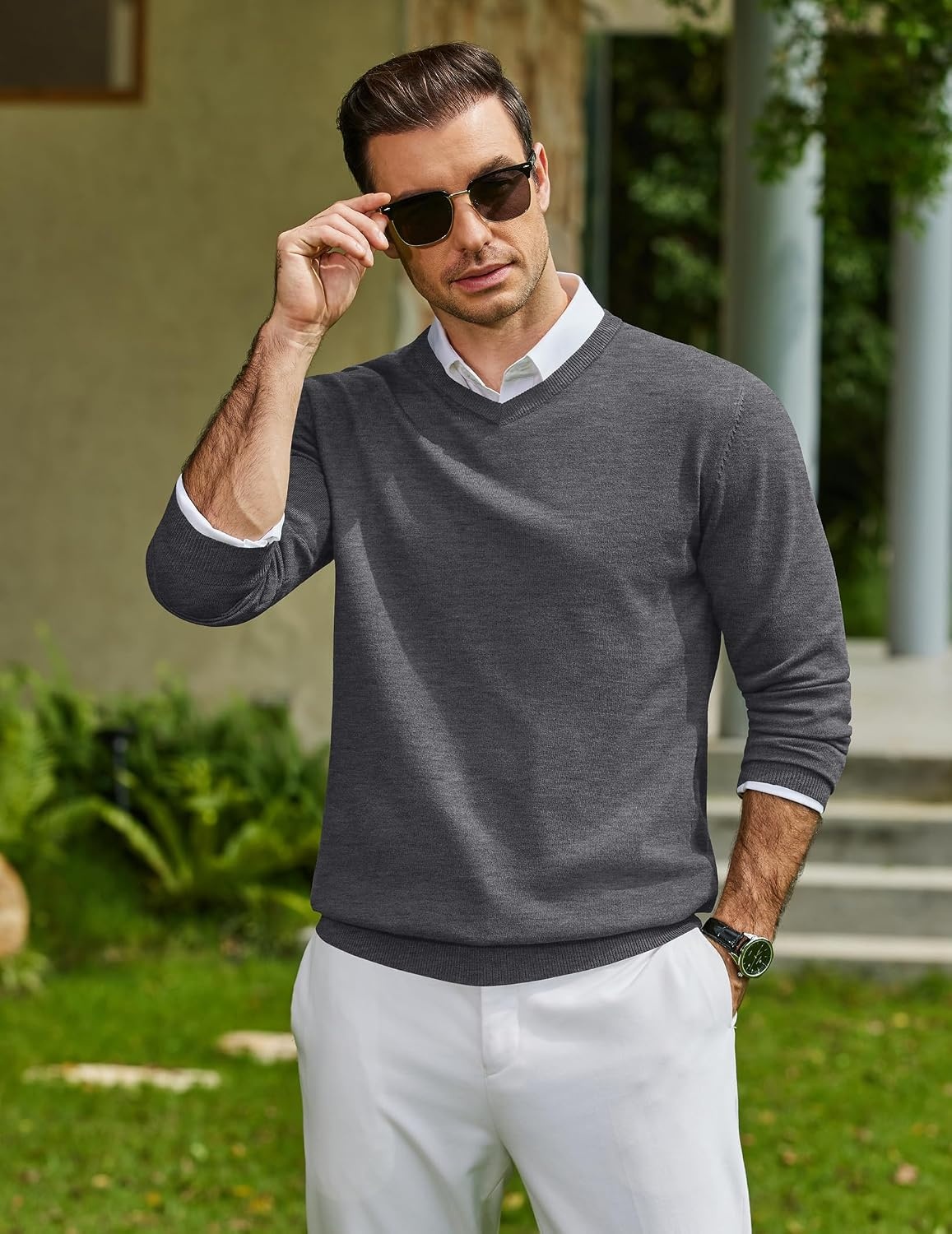 image:imageCOOFANDY Mens Casual V Neck Sweater Knit Slim Fit Long Sleeve Pullover TopGrey