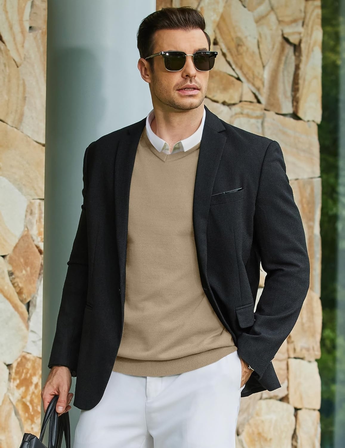 image:imageCOOFANDY Mens Casual V Neck Sweater Knit Slim Fit Long Sleeve Pullover TopKhaki