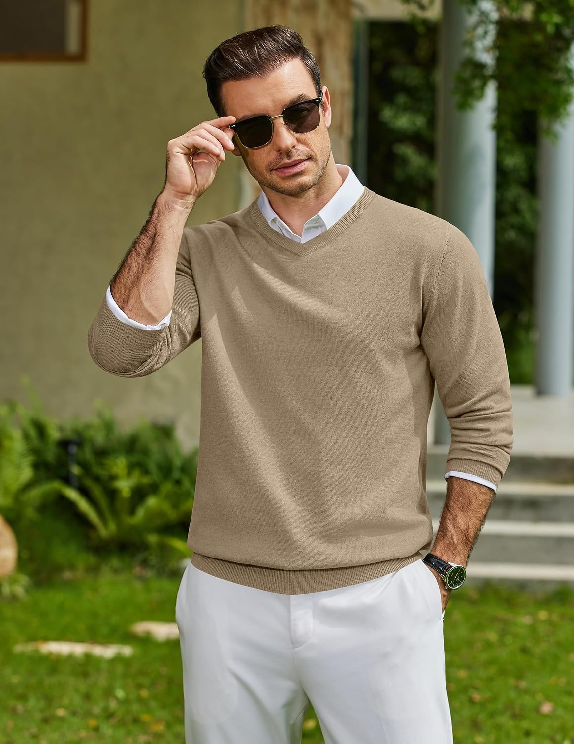 image:imageCOOFANDY Mens Casual V Neck Sweater Knit Slim Fit Long Sleeve Pullover TopKhaki