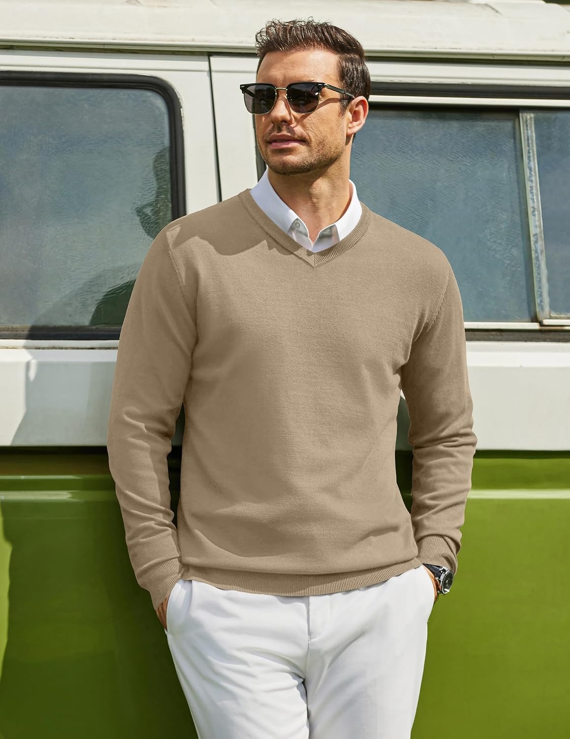 image:imageCOOFANDY Mens Casual V Neck Sweater Knit Slim Fit Long Sleeve Pullover TopKhaki