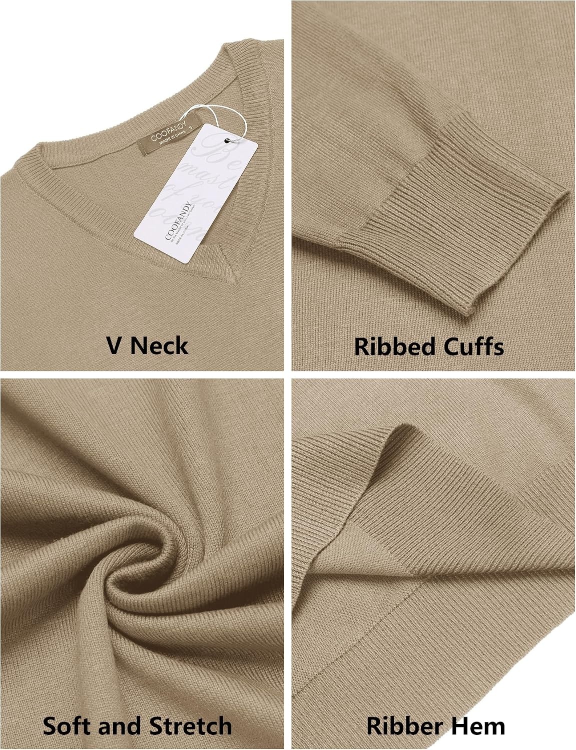 image:imageCOOFANDY Mens Casual V Neck Sweater Knit Slim Fit Long Sleeve Pullover TopKhaki