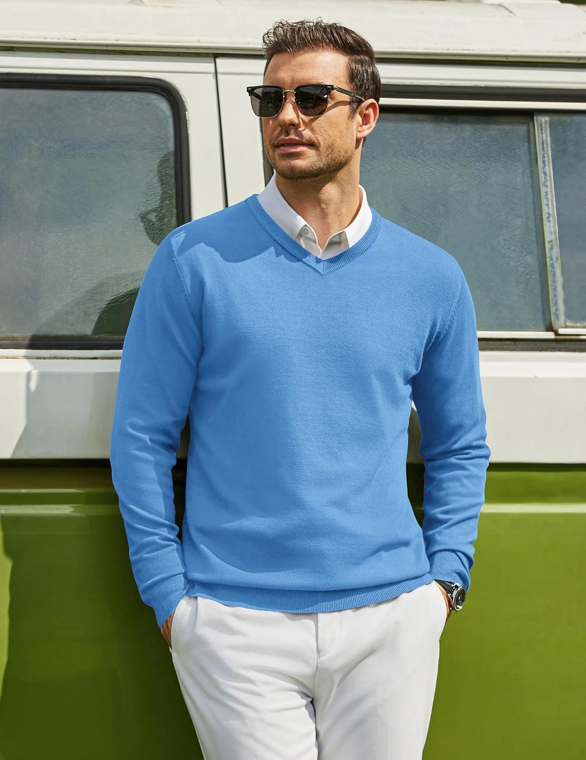 image:imageCOOFANDY Mens Casual V Neck Sweater Knit Slim Fit Long Sleeve Pullover TopLight Blue