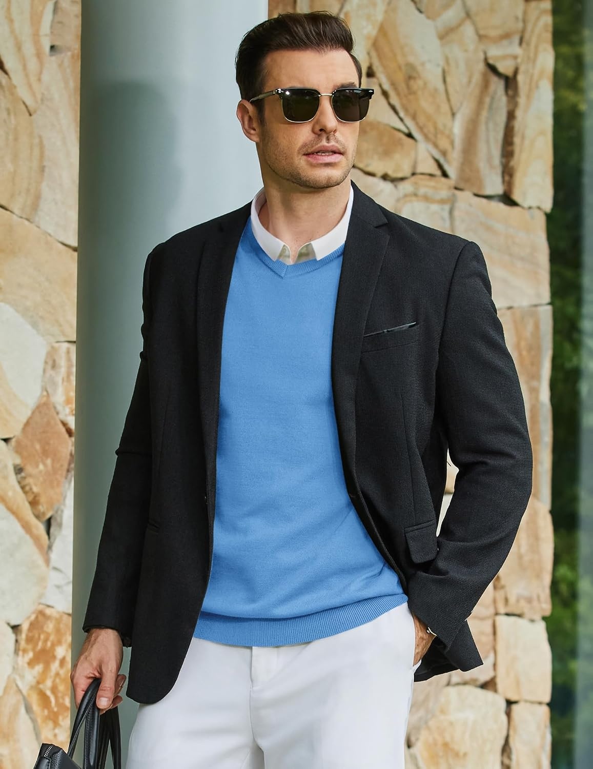 image:imageCOOFANDY Mens Casual V Neck Sweater Knit Slim Fit Long Sleeve Pullover TopLight Blue