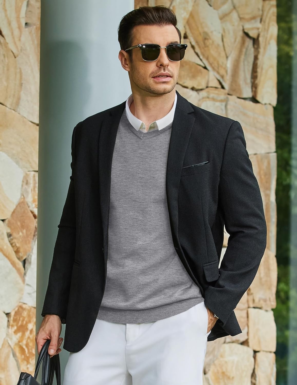 image:imageCOOFANDY Mens Casual V Neck Sweater Knit Slim Fit Long Sleeve Pullover TopLight Grey