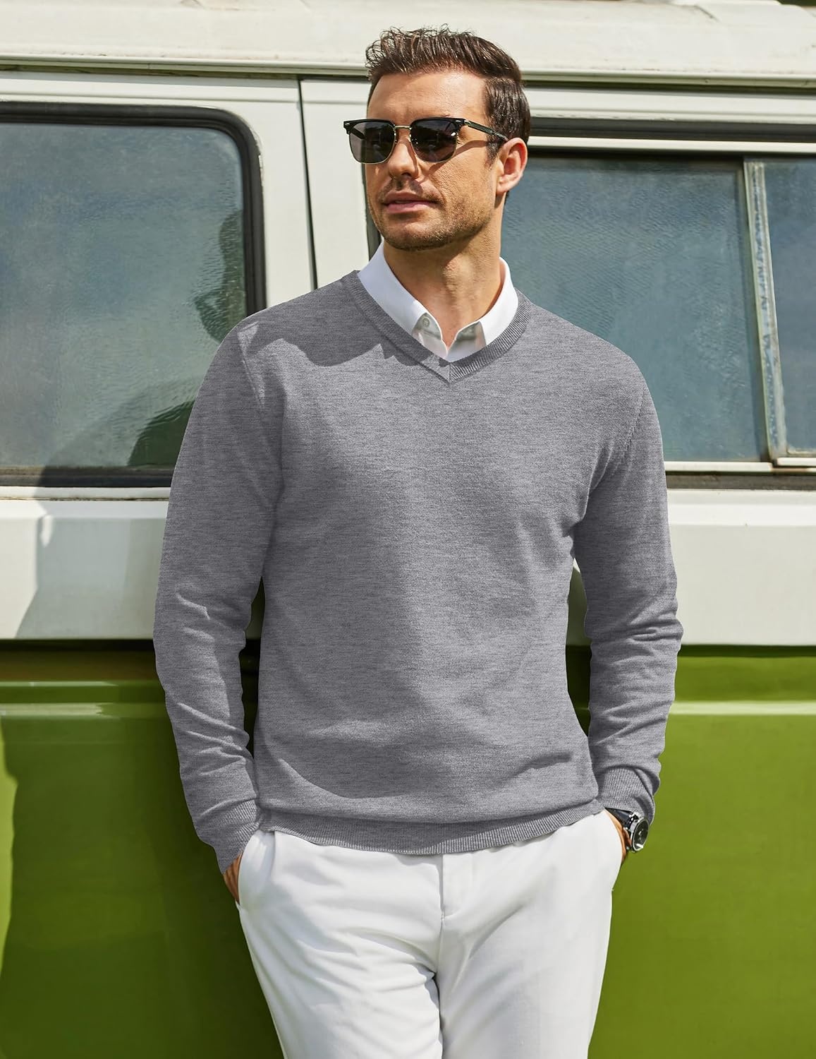 image:imageCOOFANDY Mens Casual V Neck Sweater Knit Slim Fit Long Sleeve Pullover TopLight Grey