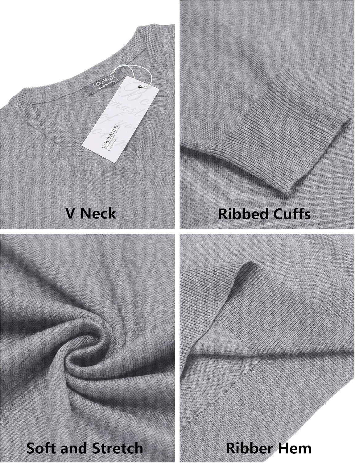 image:imageCOOFANDY Mens Casual V Neck Sweater Knit Slim Fit Long Sleeve Pullover TopLight Grey