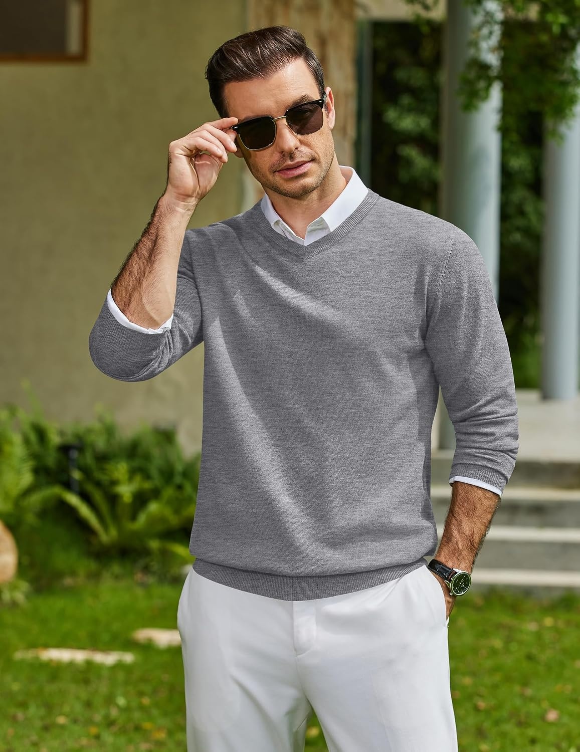 image:imageCOOFANDY Mens Casual V Neck Sweater Knit Slim Fit Long Sleeve Pullover TopLight Grey