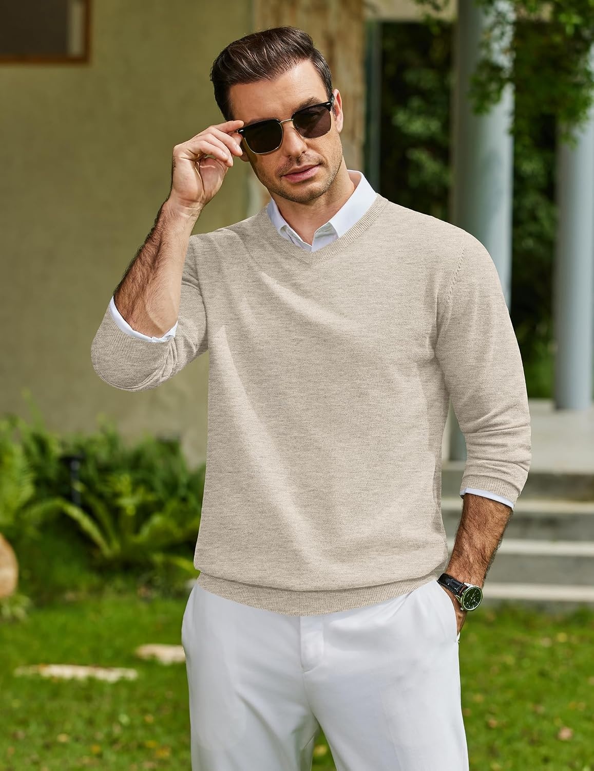 image:imageCOOFANDY Mens Casual V Neck Sweater Knit Slim Fit Long Sleeve Pullover TopLight Khaki