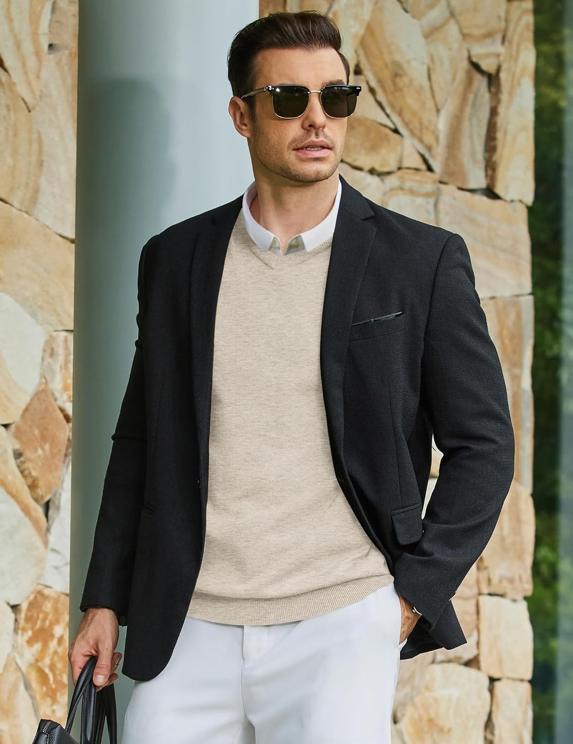image:imageCOOFANDY Mens Casual V Neck Sweater Knit Slim Fit Long Sleeve Pullover TopLight Khaki