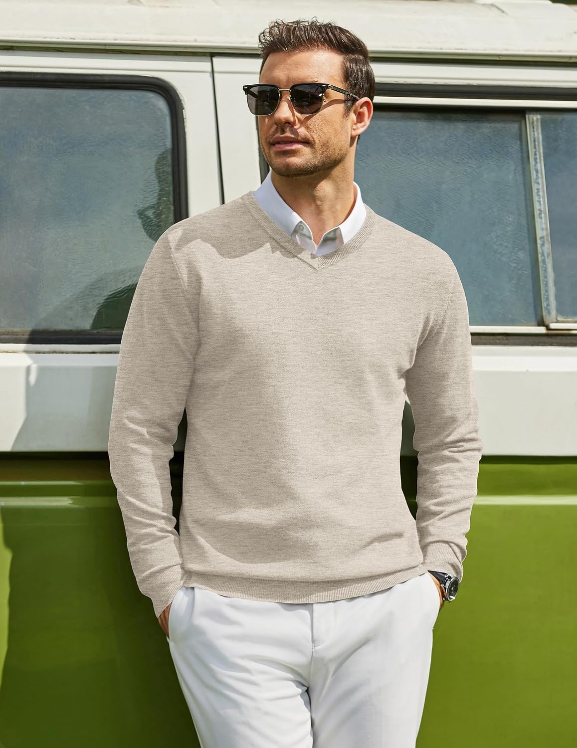 image:imageCOOFANDY Mens Casual V Neck Sweater Knit Slim Fit Long Sleeve Pullover TopLight Khaki