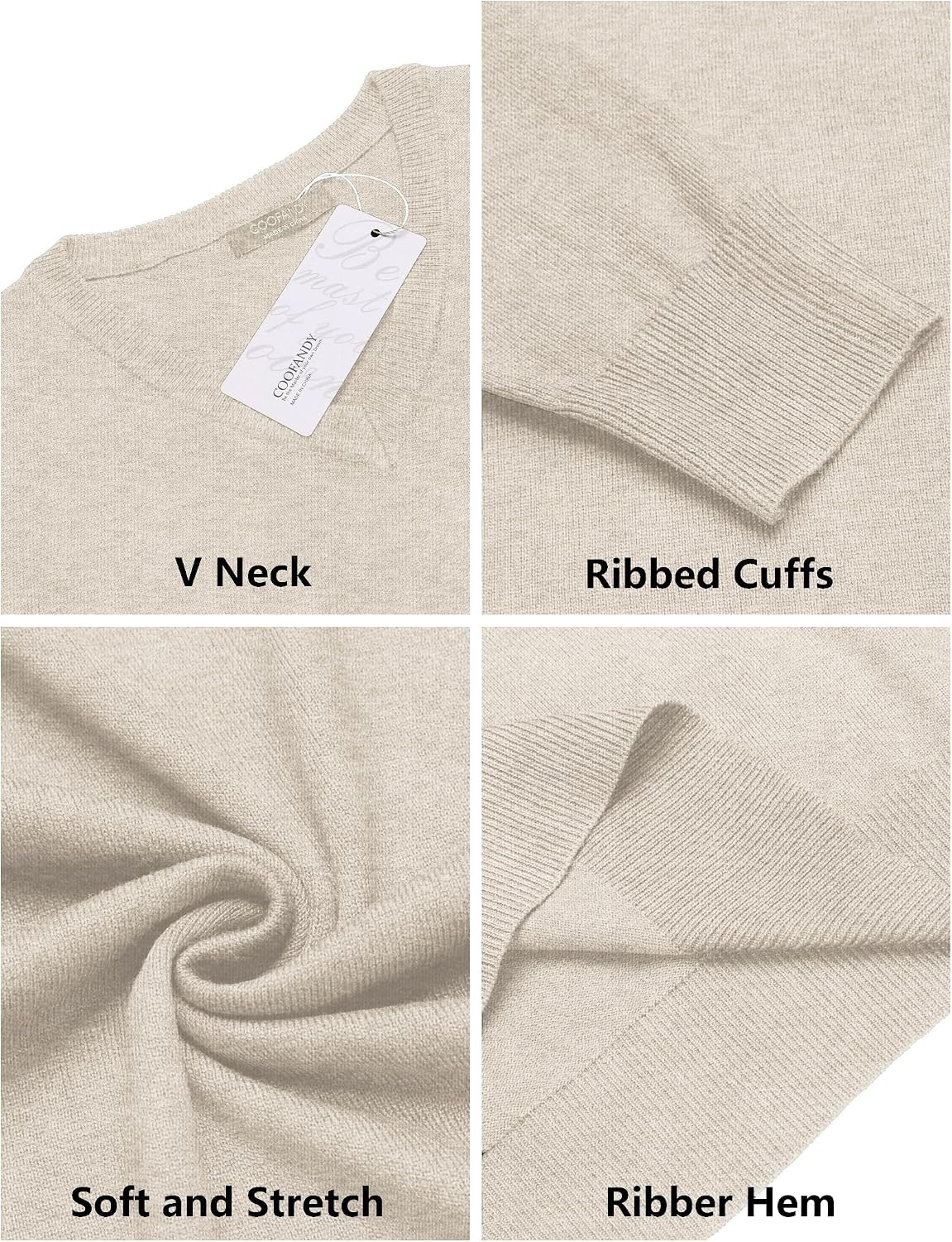 image:imageCOOFANDY Mens Casual V Neck Sweater Knit Slim Fit Long Sleeve Pullover TopLight Khaki