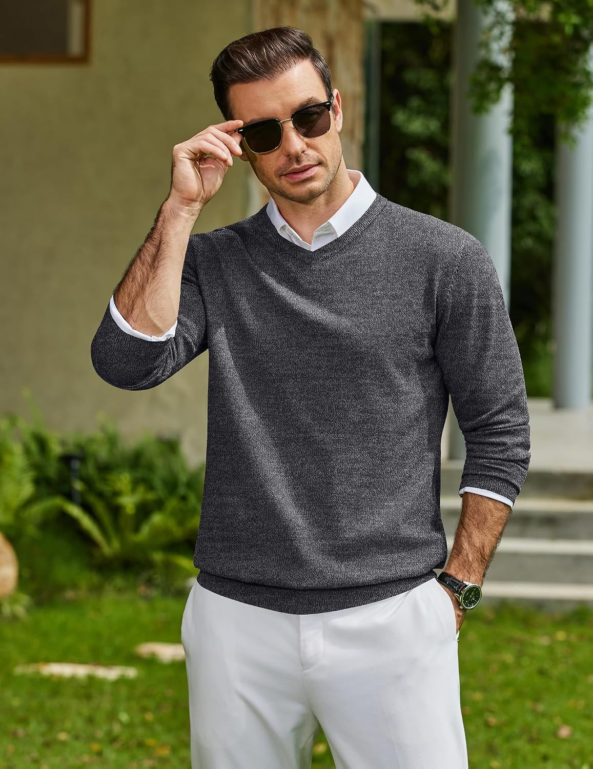 image:imageCOOFANDY Mens Casual V Neck Sweater Knit Slim Fit Long Sleeve Pullover TopPat1