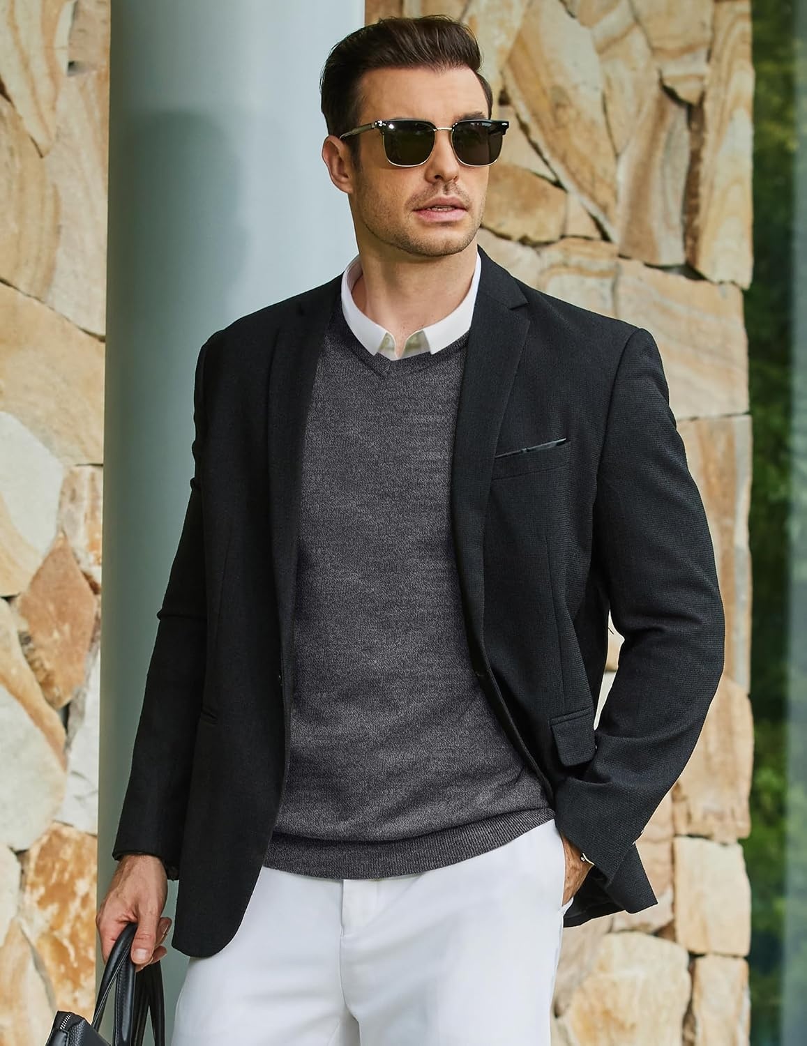 image:imageCOOFANDY Mens Casual V Neck Sweater Knit Slim Fit Long Sleeve Pullover TopPat1