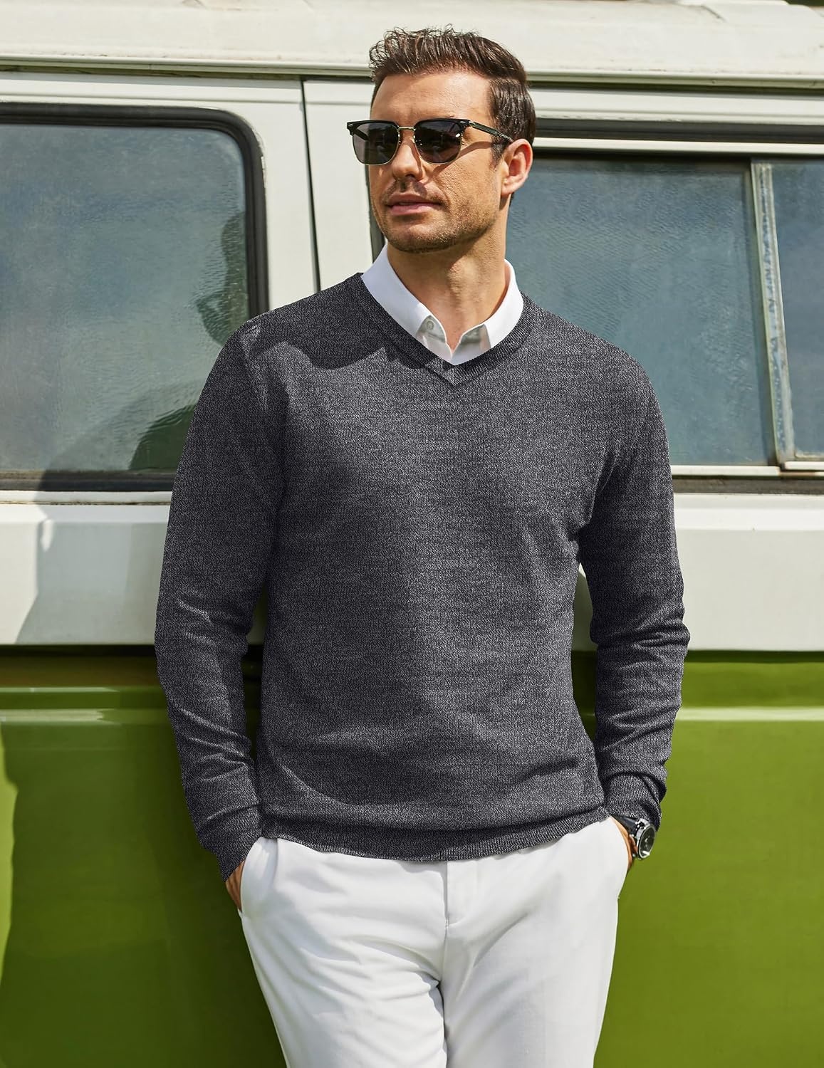 image:imageCOOFANDY Mens Casual V Neck Sweater Knit Slim Fit Long Sleeve Pullover TopPat1
