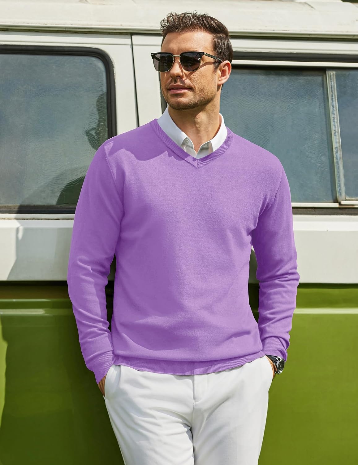 image:imageCOOFANDY Mens Casual V Neck Sweater Knit Slim Fit Long Sleeve Pullover TopPurple