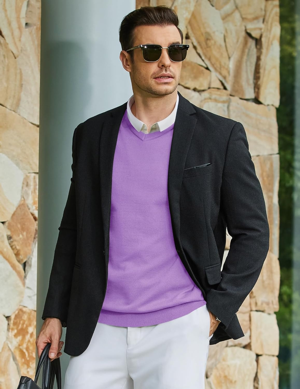 image:imageCOOFANDY Mens Casual V Neck Sweater Knit Slim Fit Long Sleeve Pullover TopPurple