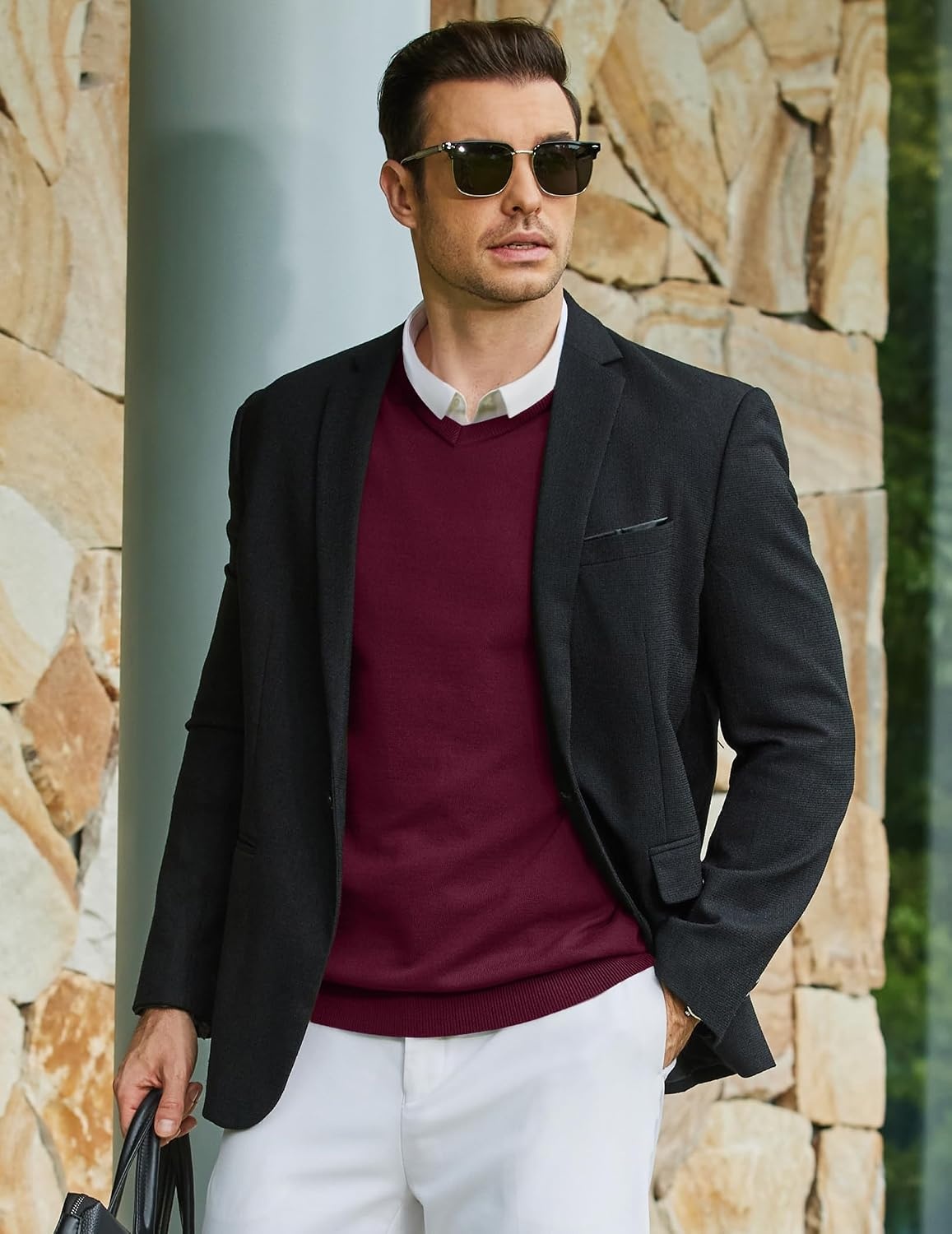 image:imageCOOFANDY Mens Casual V Neck Sweater Knit Slim Fit Long Sleeve Pullover TopRed