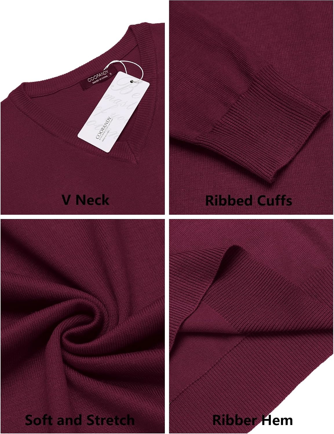 image:imageCOOFANDY Mens Casual V Neck Sweater Knit Slim Fit Long Sleeve Pullover TopRed