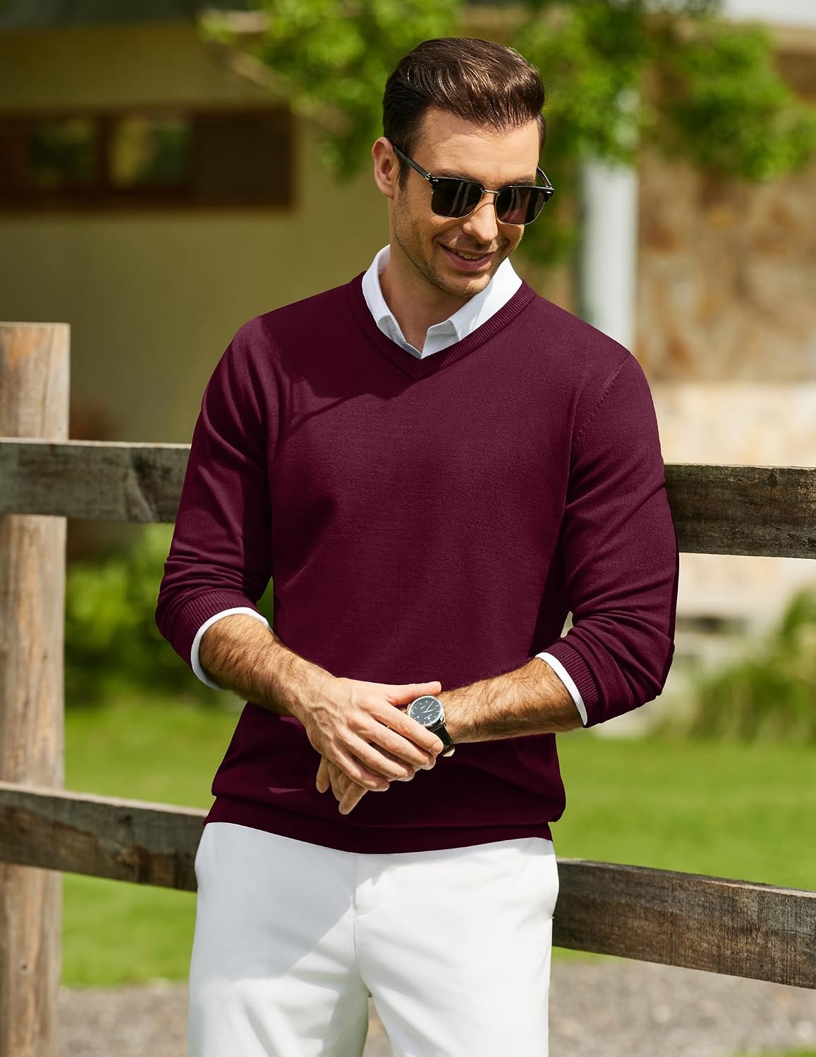 image:imageCOOFANDY Mens Casual V Neck Sweater Knit Slim Fit Long Sleeve Pullover TopRed