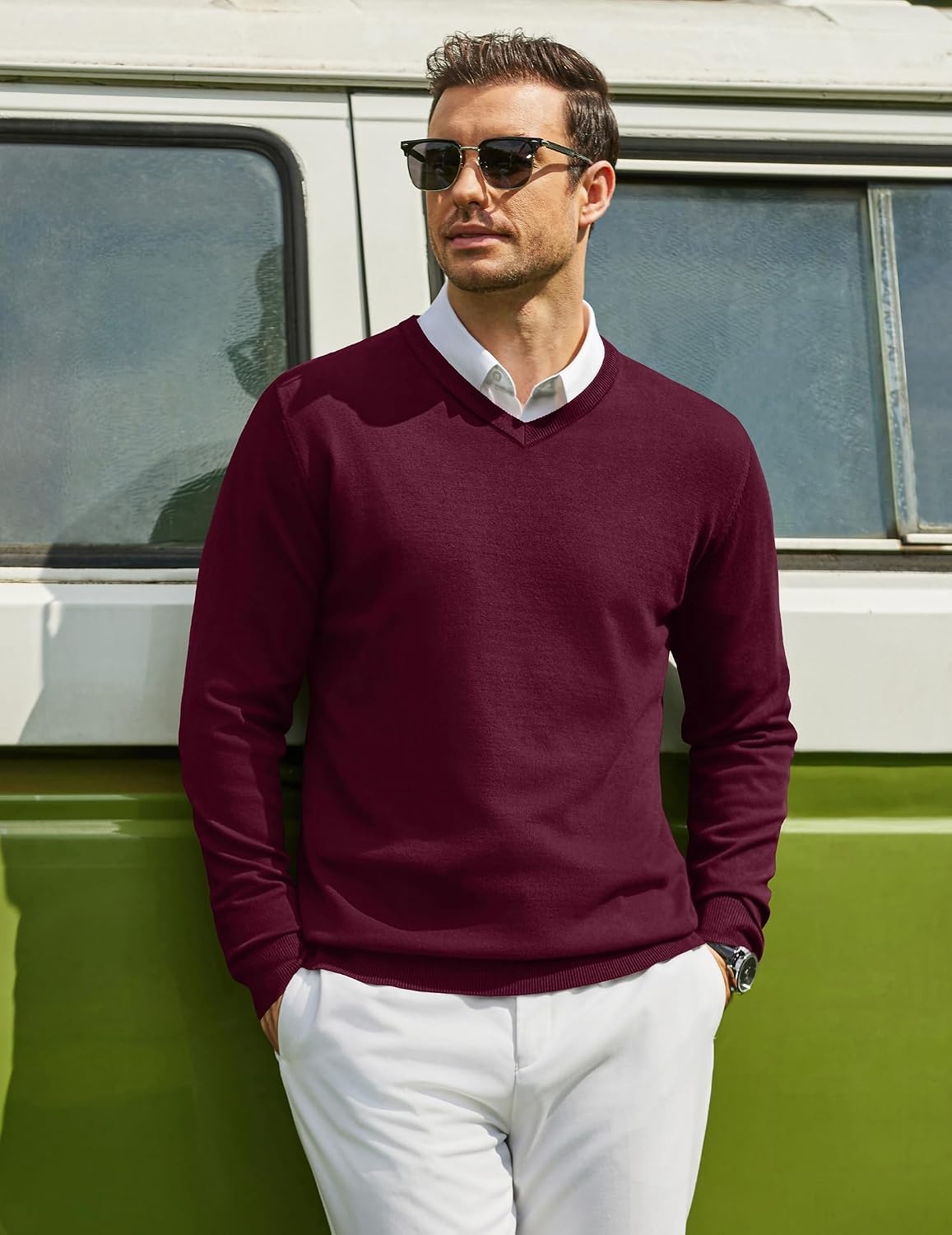 image:imageCOOFANDY Mens Casual V Neck Sweater Knit Slim Fit Long Sleeve Pullover TopRed