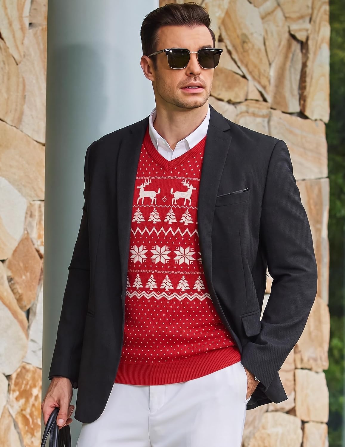 image:imageCOOFANDY Mens Casual V Neck Sweater Knit Slim Fit Long Sleeve Pullover TopRedwhite