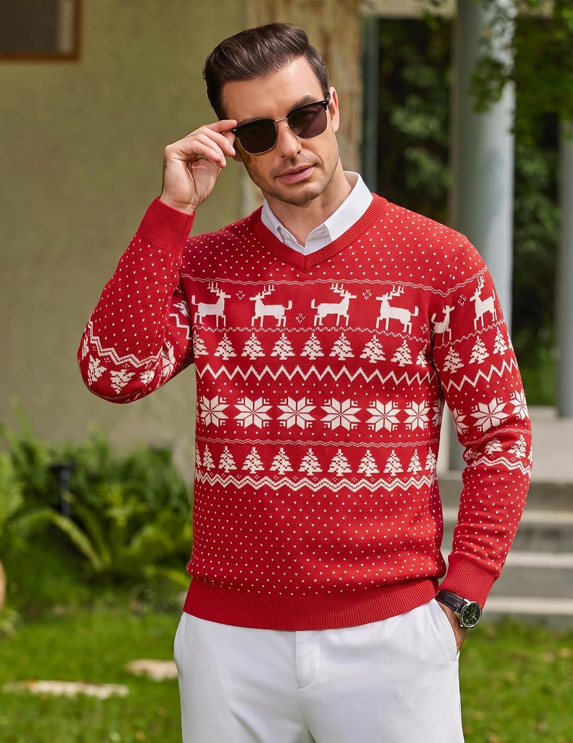 image:imageCOOFANDY Mens Casual V Neck Sweater Knit Slim Fit Long Sleeve Pullover TopRedwhite