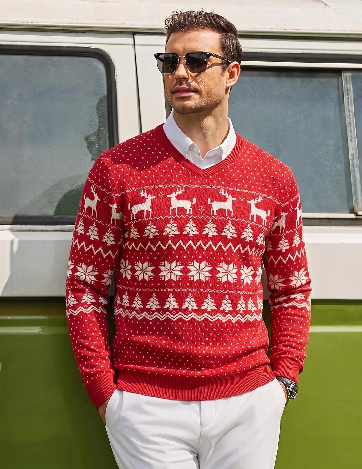 image:imageCOOFANDY Mens Casual V Neck Sweater Knit Slim Fit Long Sleeve Pullover TopRedwhite