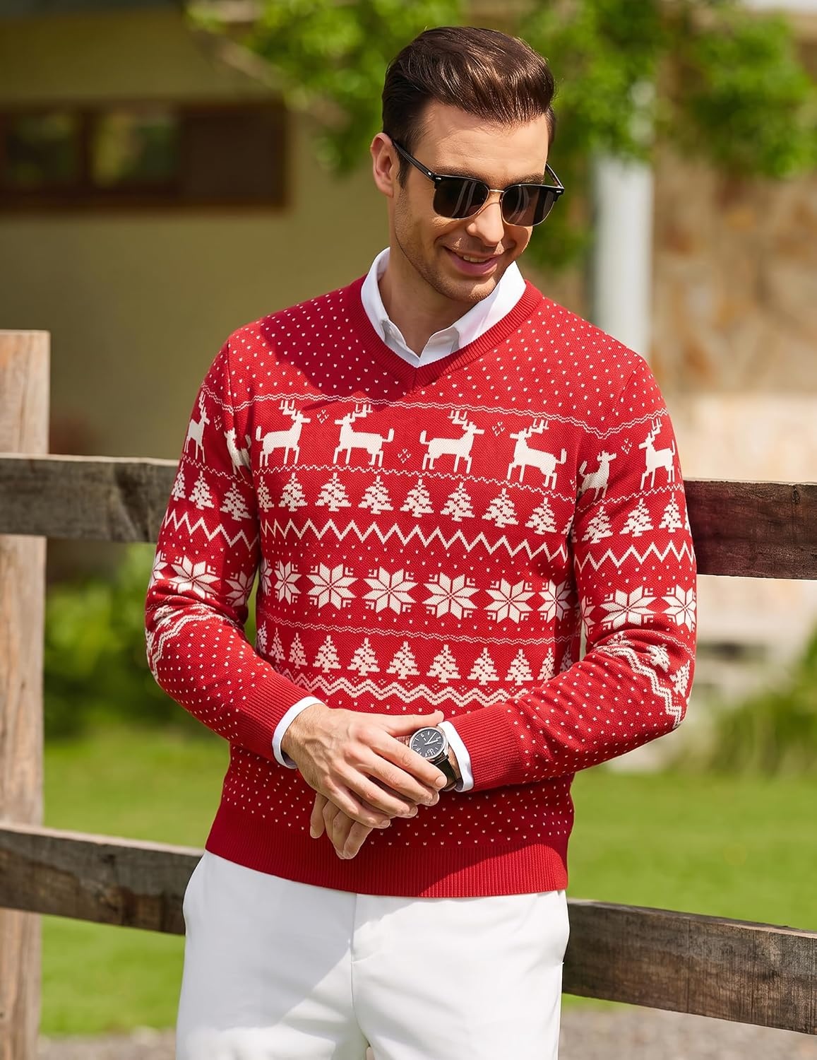 image:imageCOOFANDY Mens Casual V Neck Sweater Knit Slim Fit Long Sleeve Pullover TopRedwhite