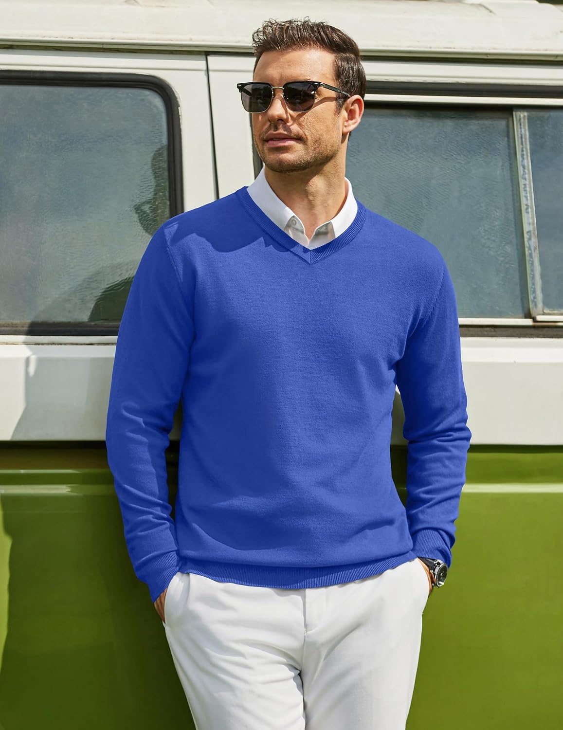 image:imageCOOFANDY Mens Casual V Neck Sweater Knit Slim Fit Long Sleeve Pullover TopRoyal Blue