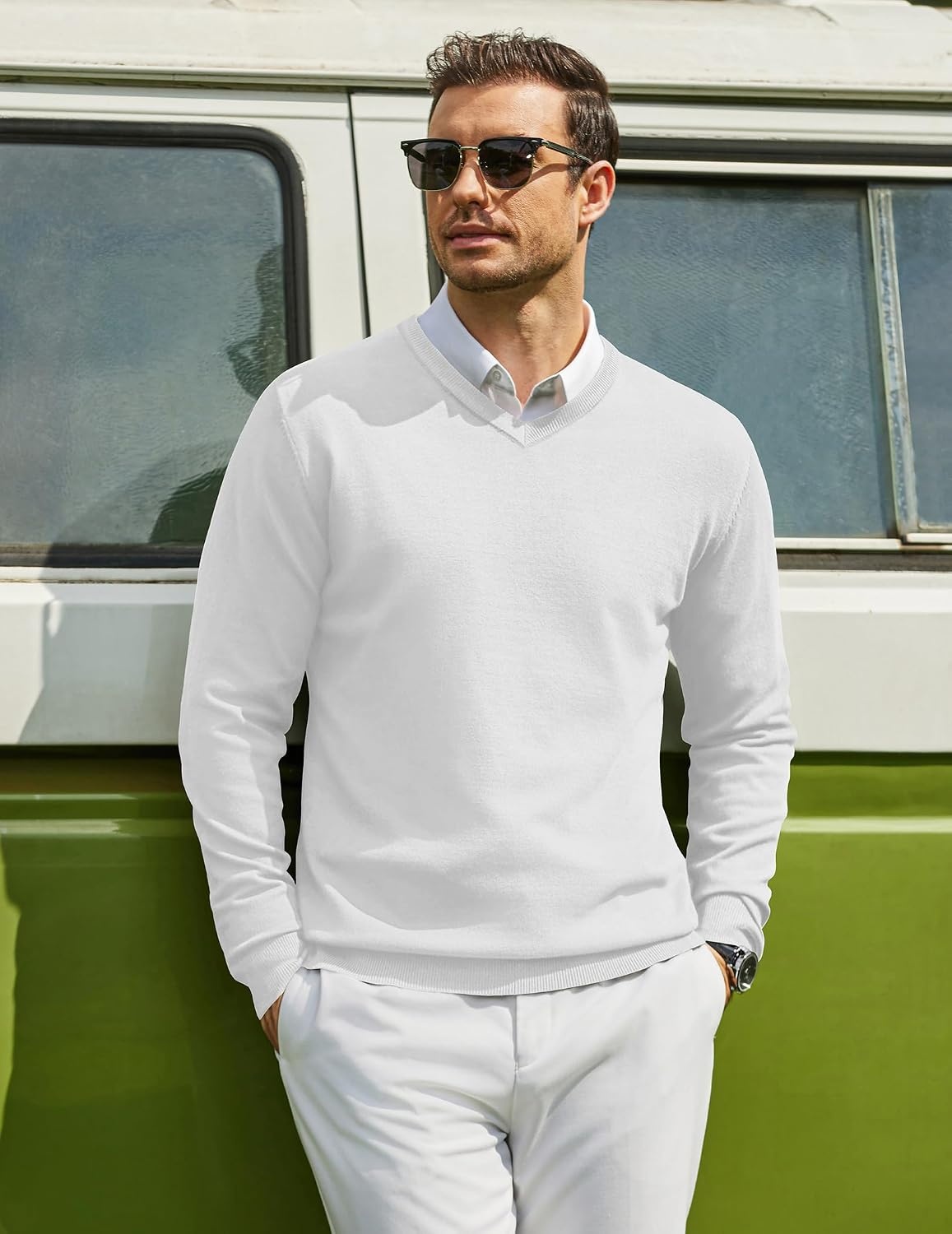 image:imageCOOFANDY Mens Casual V Neck Sweater Knit Slim Fit Long Sleeve Pullover TopWhite