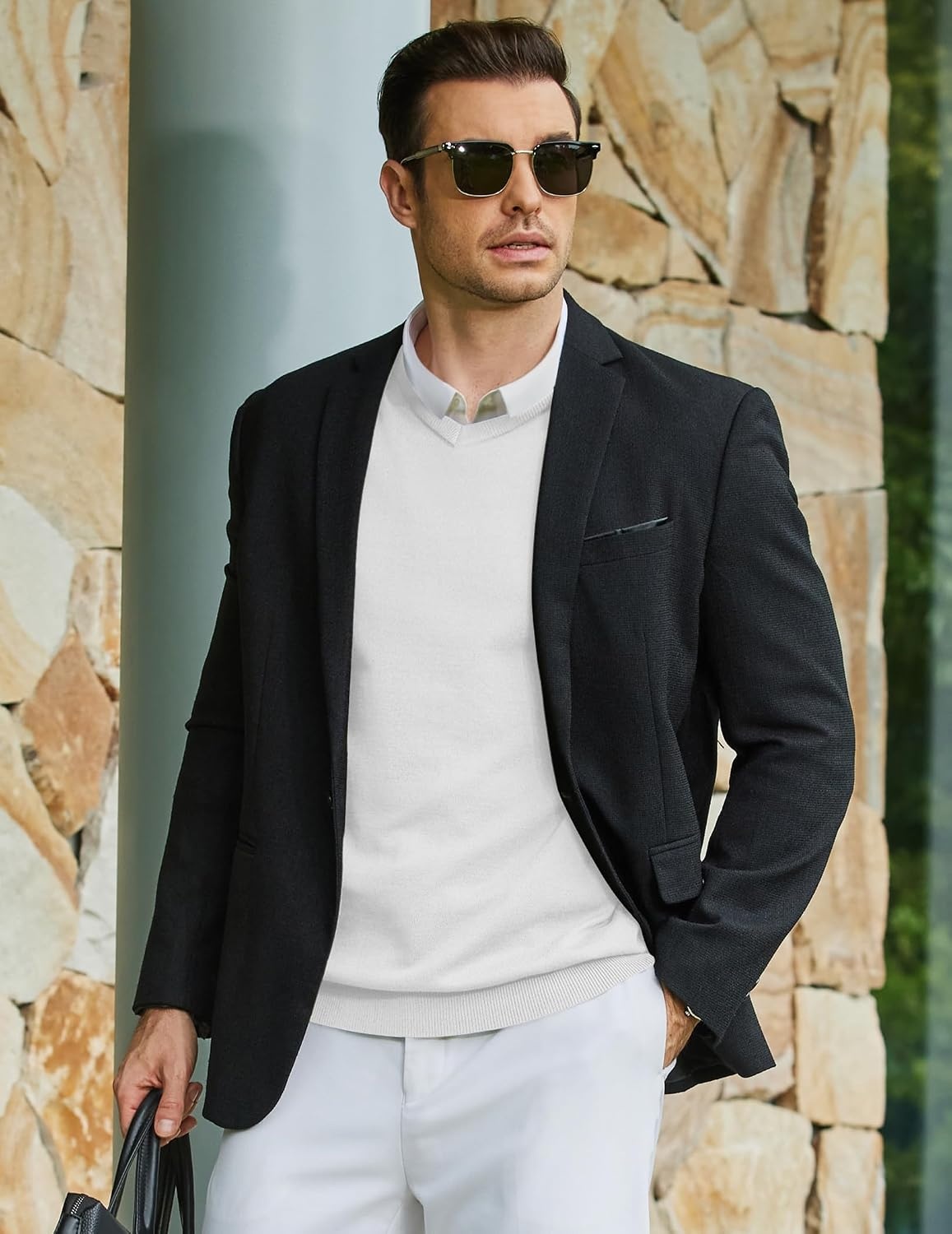 image:imageCOOFANDY Mens Casual V Neck Sweater Knit Slim Fit Long Sleeve Pullover TopWhite