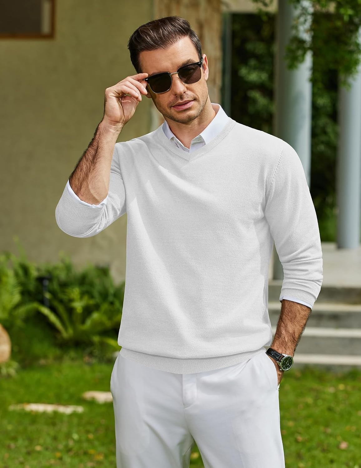 image:imageCOOFANDY Mens Casual V Neck Sweater Knit Slim Fit Long Sleeve Pullover TopWhite