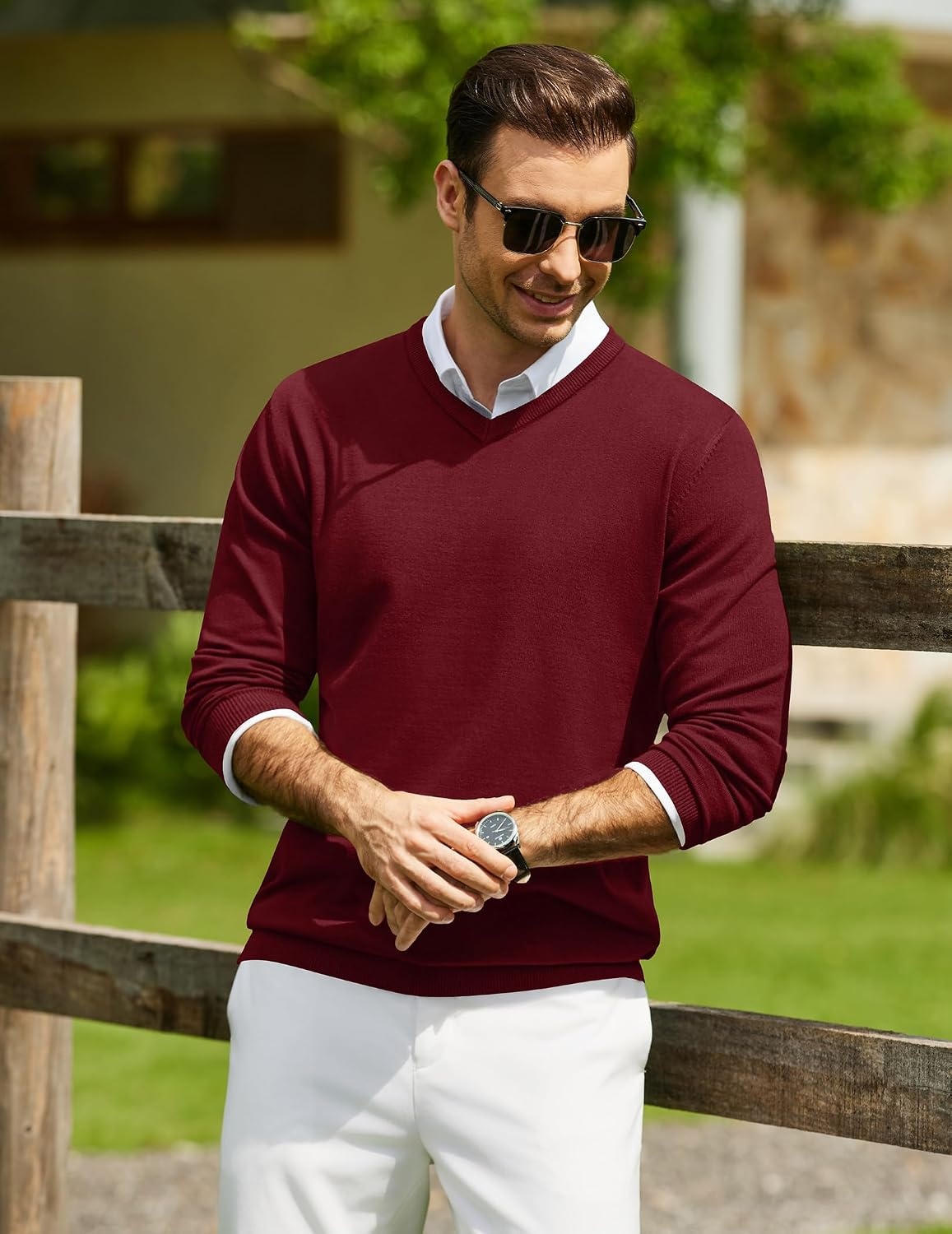 image:imageCOOFANDY Mens Casual V Neck Sweater Knit Slim Fit Long Sleeve Pullover TopWine Red
