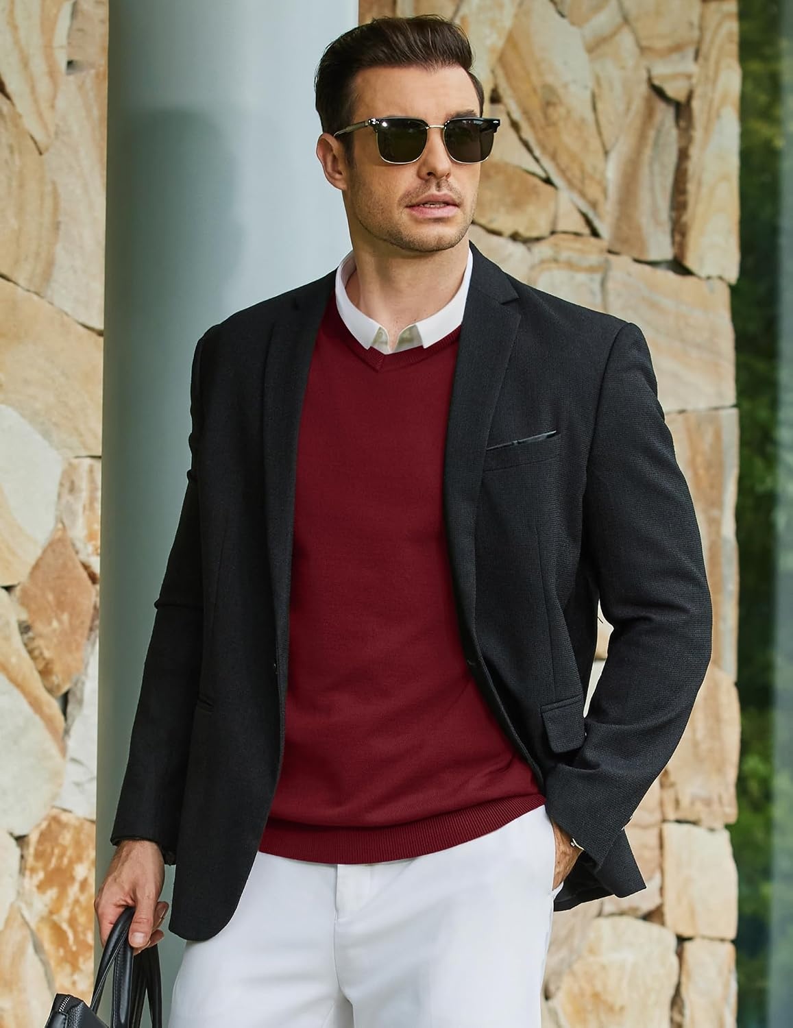 image:imageCOOFANDY Mens Casual V Neck Sweater Knit Slim Fit Long Sleeve Pullover TopWine Red
