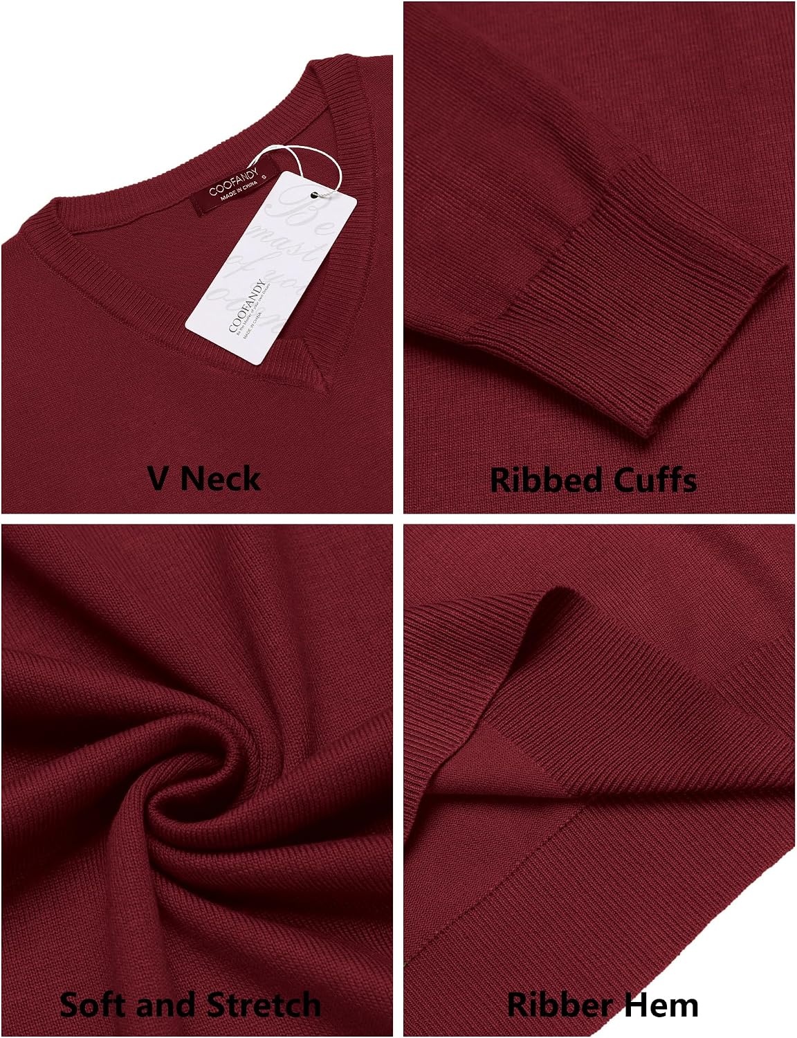 image:imageCOOFANDY Mens Casual V Neck Sweater Knit Slim Fit Long Sleeve Pullover TopWine Red