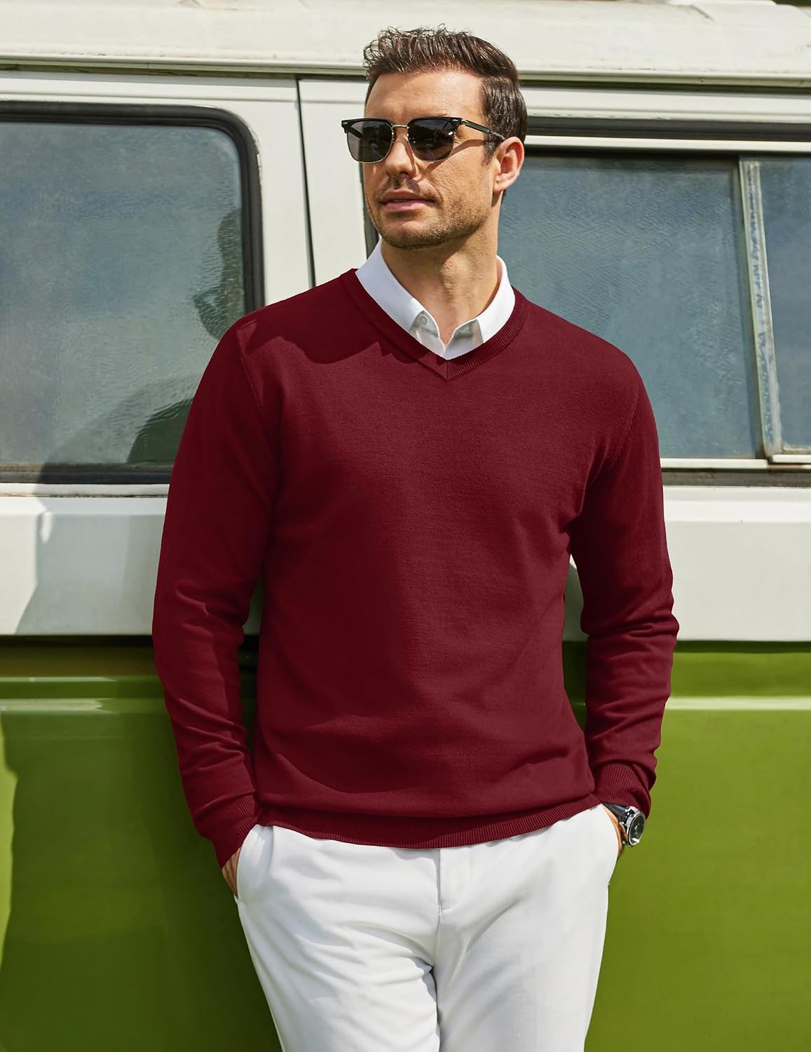 image:imageCOOFANDY Mens Casual V Neck Sweater Knit Slim Fit Long Sleeve Pullover TopWine Red