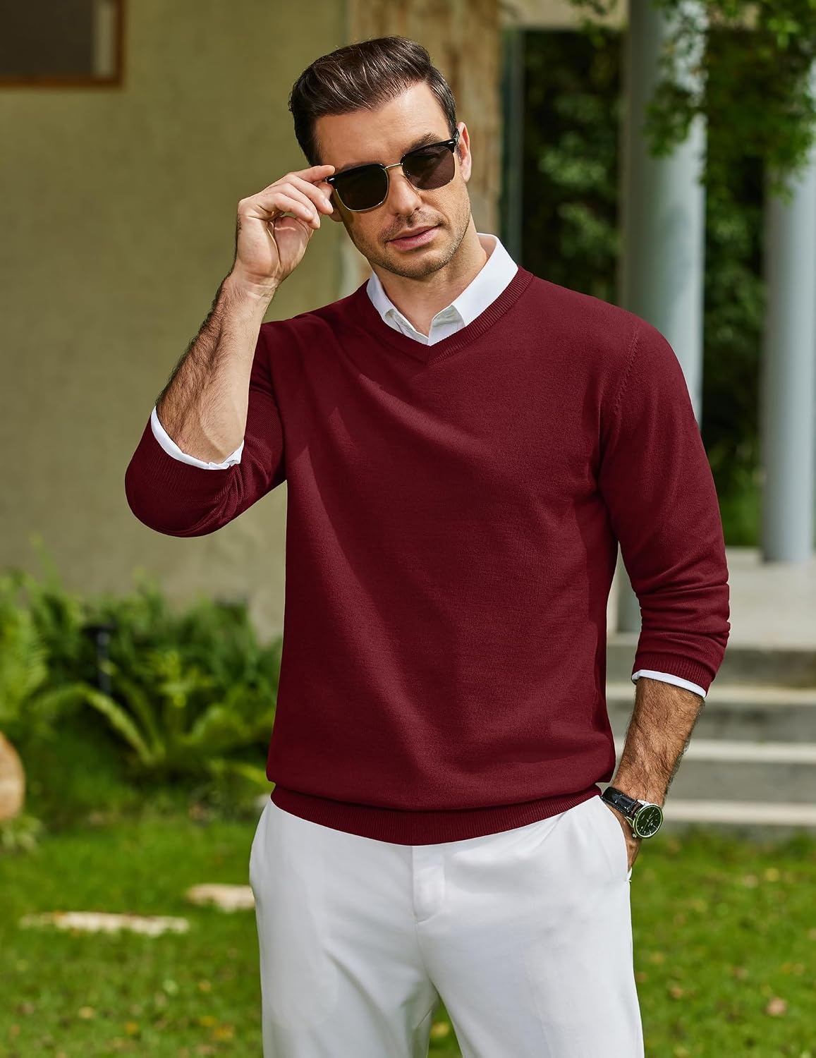 image:imageCOOFANDY Mens Casual V Neck Sweater Knit Slim Fit Long Sleeve Pullover TopWine Red