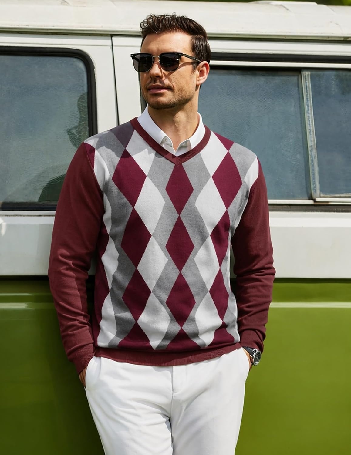 image:imageCOOFANDY Mens Casual V Neck Sweater Knit Slim Fit Long Sleeve Pullover TopWine Redwhite