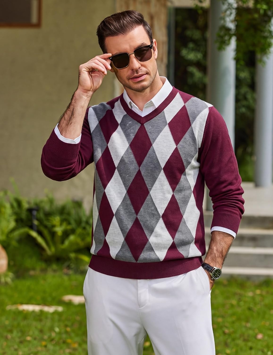image:imageCOOFANDY Mens Casual V Neck Sweater Knit Slim Fit Long Sleeve Pullover TopWine Redwhite