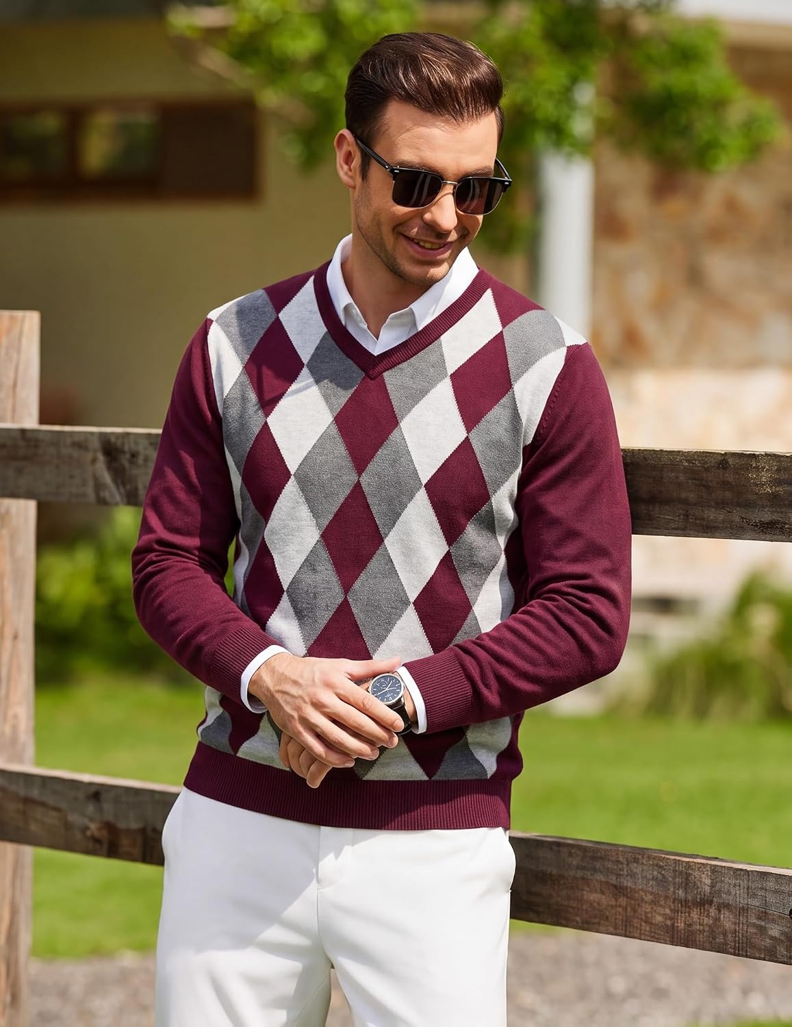 image:imageCOOFANDY Mens Casual V Neck Sweater Knit Slim Fit Long Sleeve Pullover TopWine Redwhite