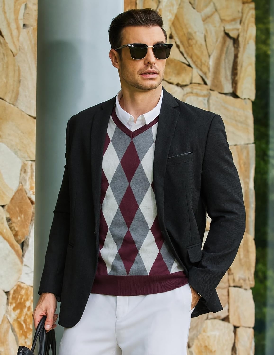 image:imageCOOFANDY Mens Casual V Neck Sweater Knit Slim Fit Long Sleeve Pullover TopWine Redwhite
