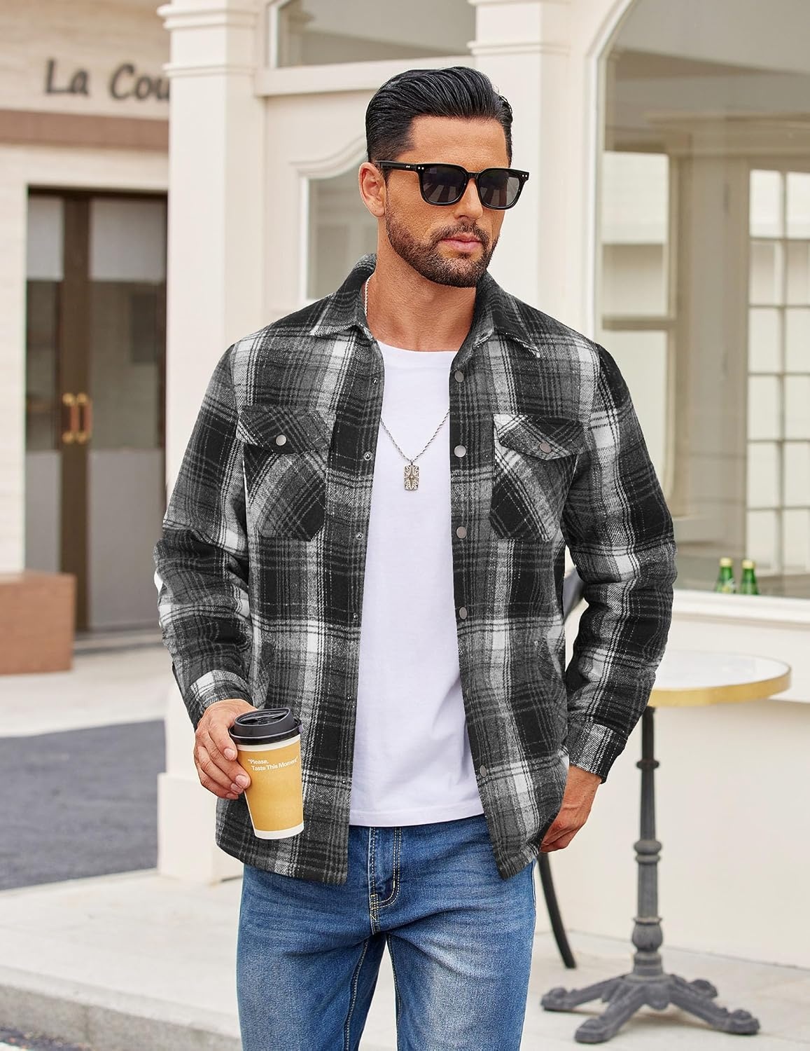 image:imageCOOFANDY Mens Flannel Shirt Jacket Quilted Lined Plaid Jacket Warm ShacketsBlack