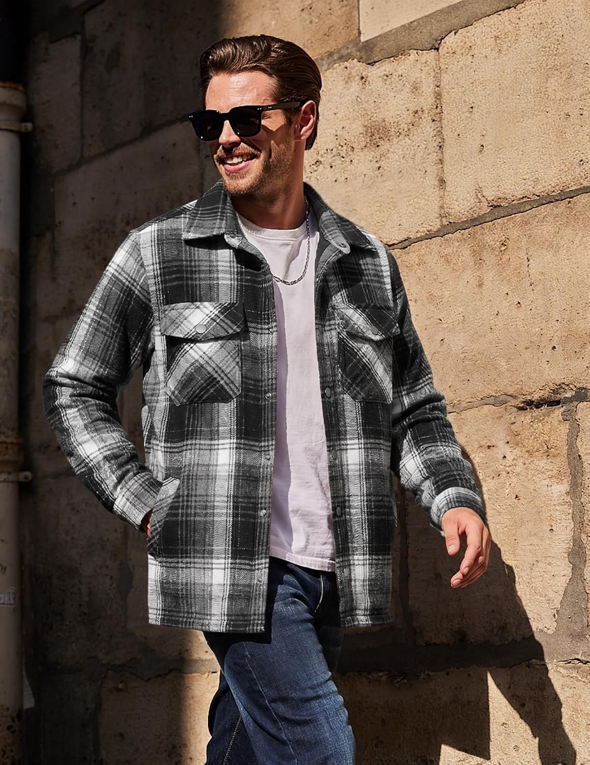image:imageCOOFANDY Mens Flannel Shirt Jacket Quilted Lined Plaid Jacket Warm ShacketsBlack
