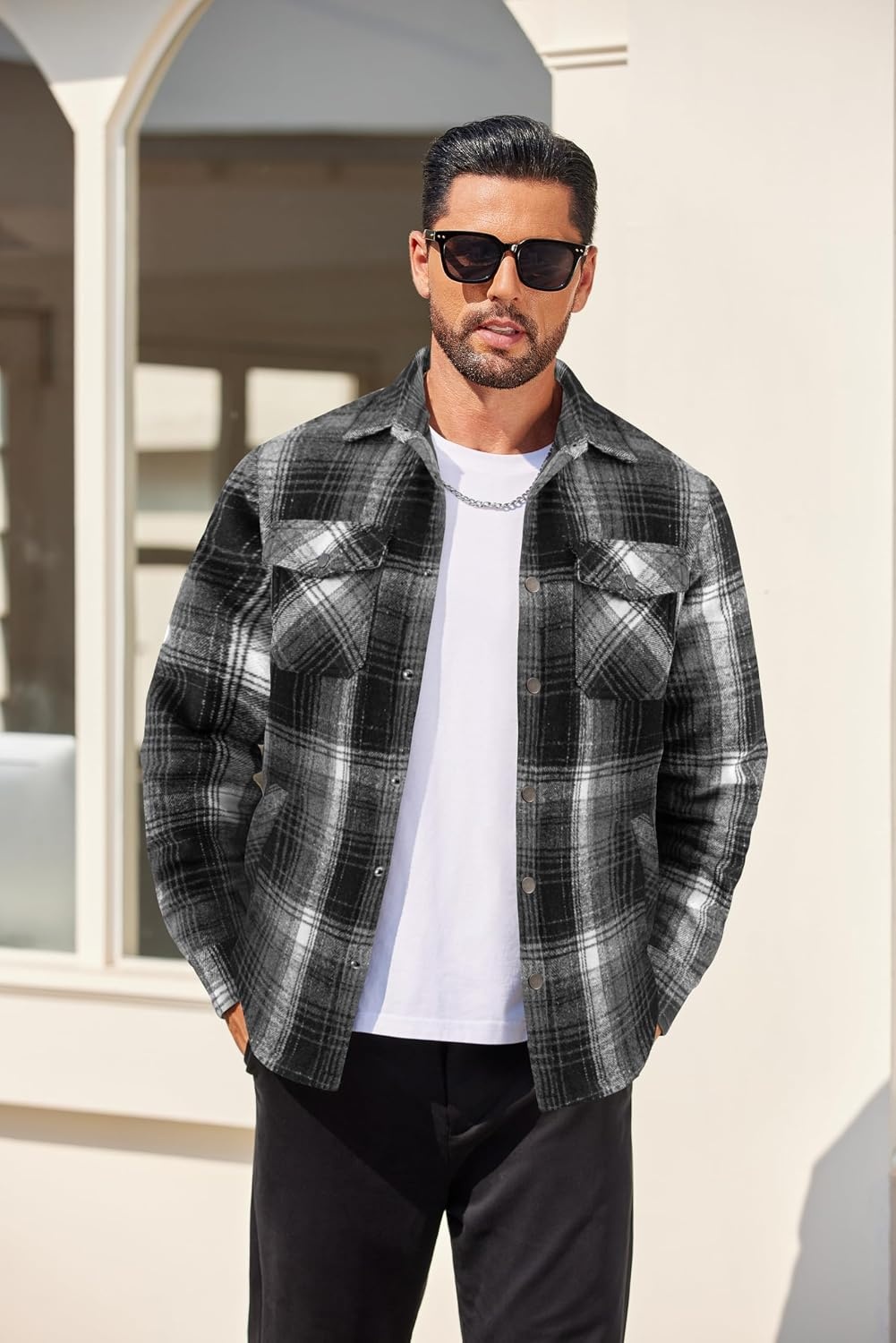 image:imageCOOFANDY Mens Flannel Shirt Jacket Quilted Lined Plaid Jacket Warm ShacketsBlack