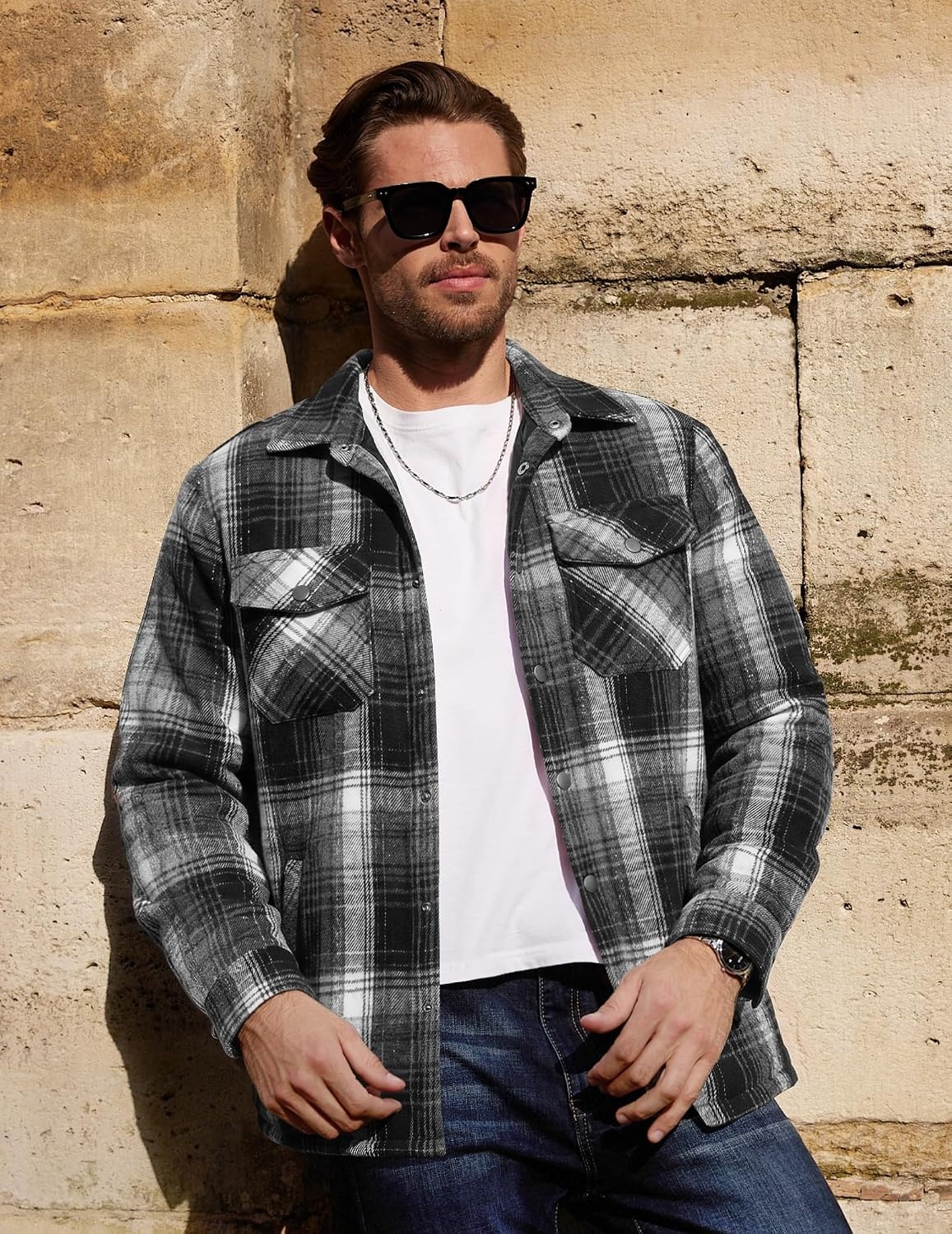 image:imageCOOFANDY Mens Flannel Shirt Jacket Quilted Lined Plaid Jacket Warm ShacketsBlack