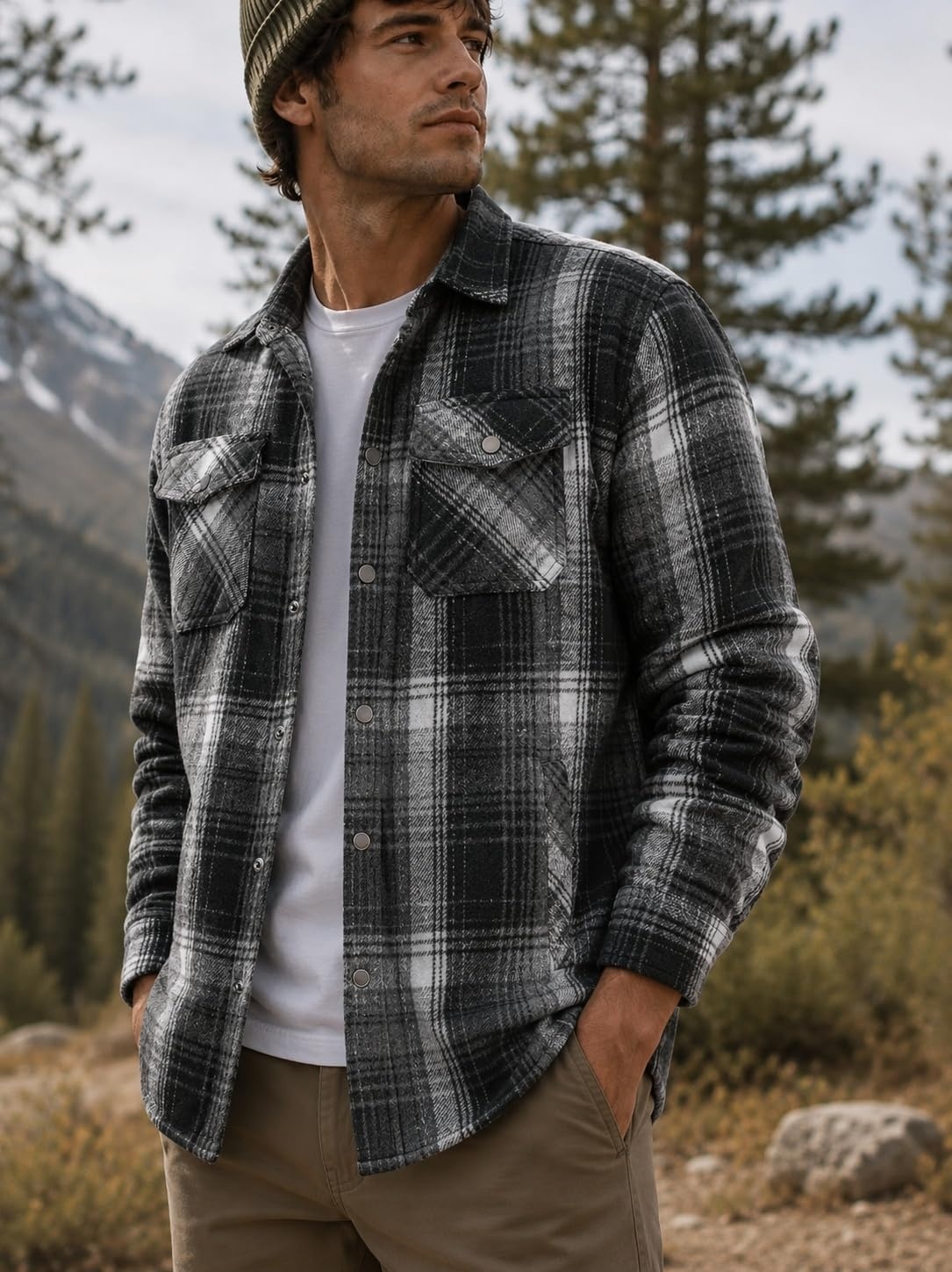 image:imageCOOFANDY Mens Flannel Shirt Jacket Quilted Lined Plaid Jacket Warm ShacketsBlack