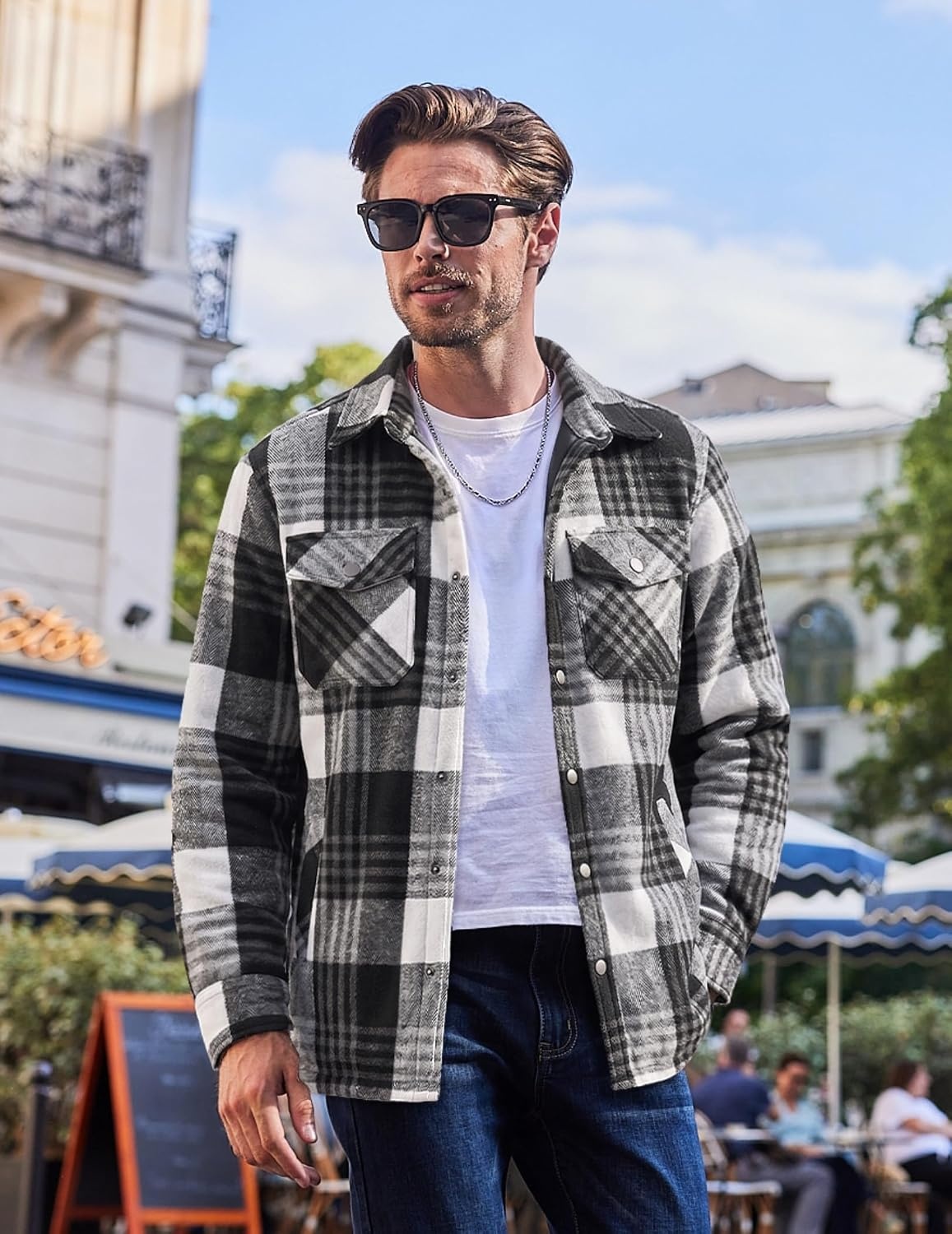 image:imageCOOFANDY Mens Flannel Shirt Jacket Quilted Lined Plaid Jacket Warm ShacketsBlack Plaid