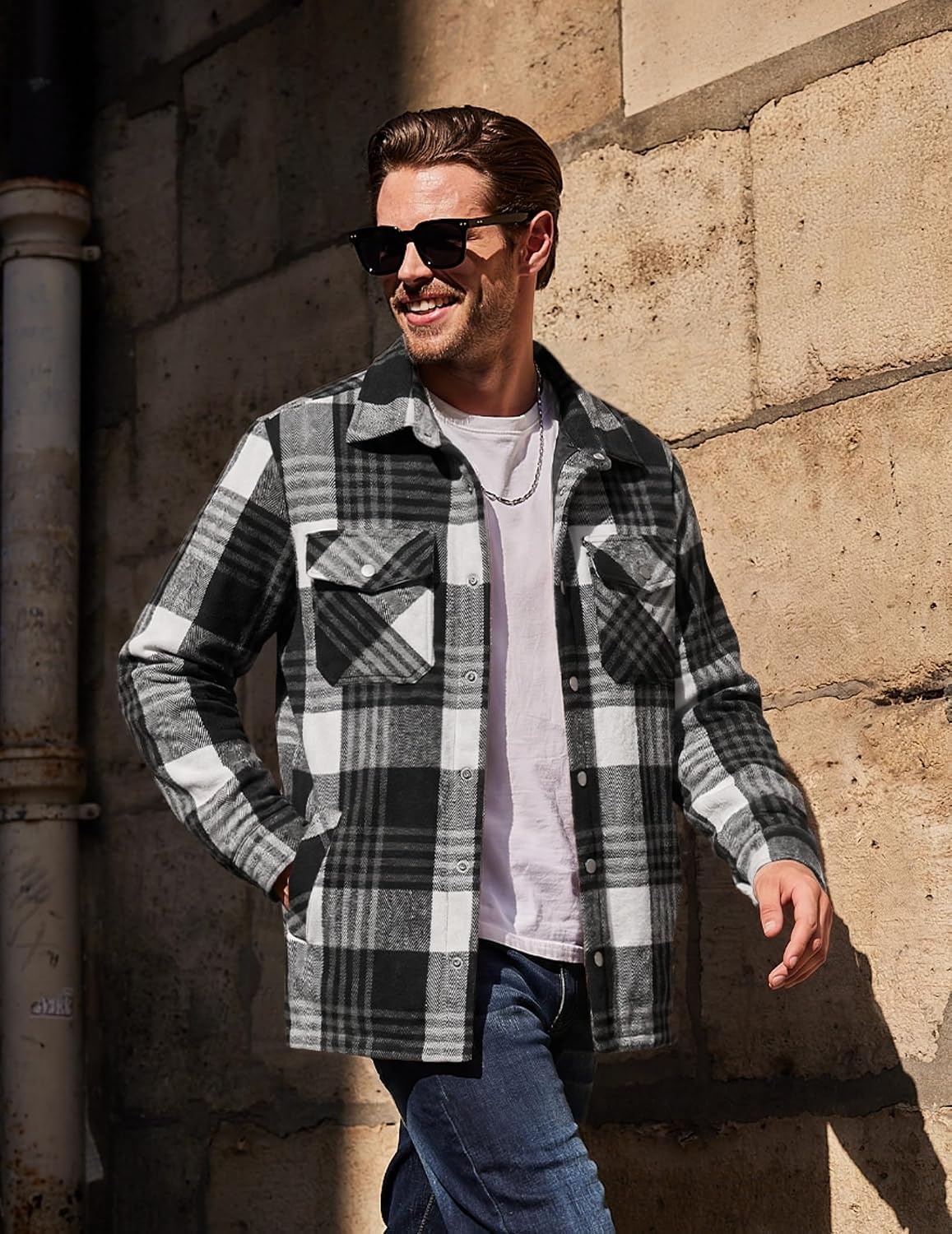 image:imageCOOFANDY Mens Flannel Shirt Jacket Quilted Lined Plaid Jacket Warm ShacketsBlack Plaid